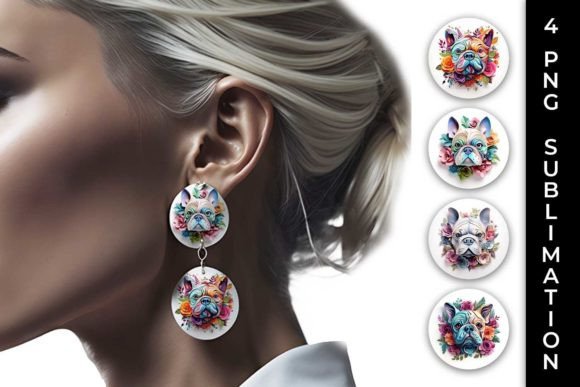 3D Floral Fantasy Bulldog Earrings PNG