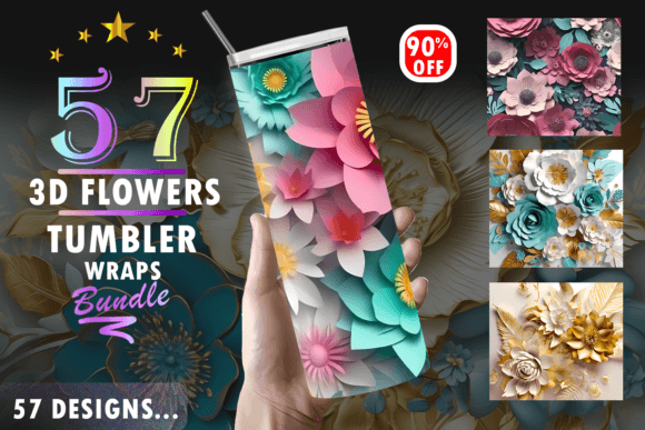 3D Flowers Tumbler Wrap Bundle. 57 JPG: Elevate Your Sublimation Projects with Seamless Floral Designs
